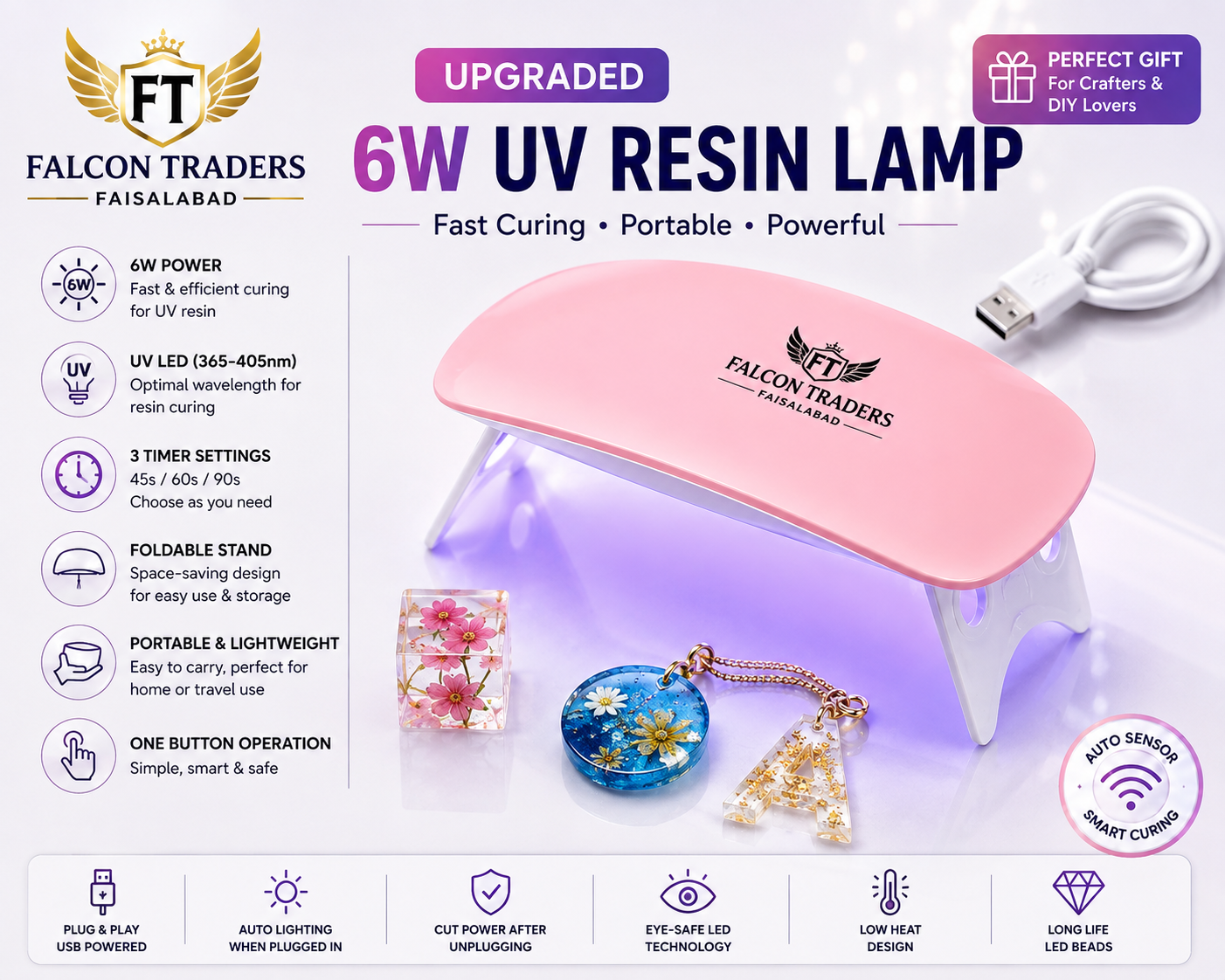 6W UV Resin Curing Lamp – Portable USB UV LED Light with Timer for Resin Crafts, Jewelry Making & DIY
