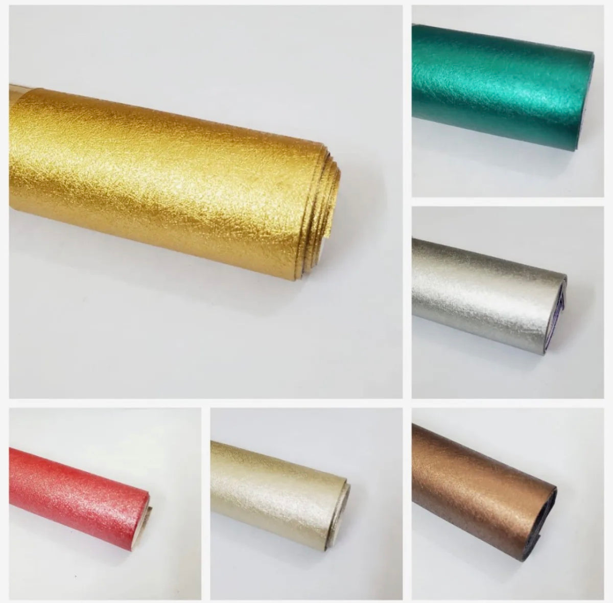 A collage showing five rolls of metallic textured vinyl or contact paper in different colors: gold, teal green, silver, red, and champagne beige/bronze, each displayed on a white background in a grid layout.