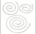 Three silver metal link chains with lobster clasp ends, arranged in loose spiral shapes on a plain white background.