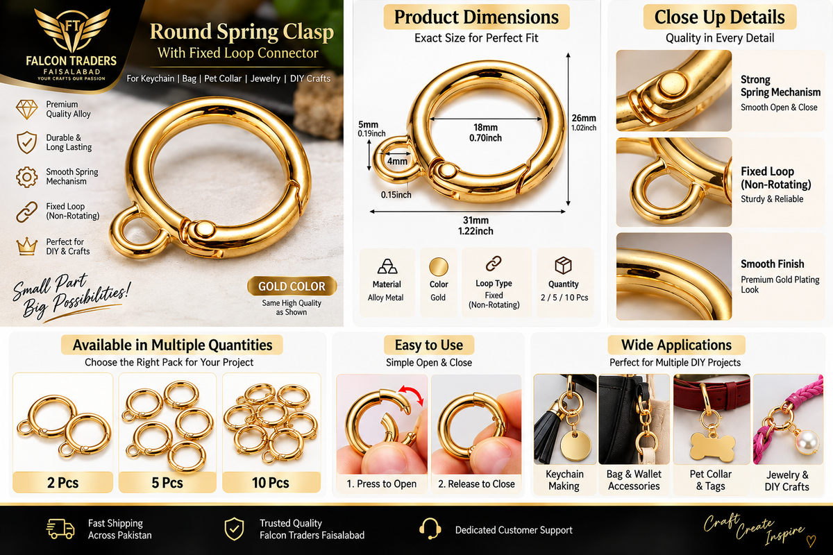 An infographic detailing the specifications, dimensions, and features of a Falcon Trader Gold Round Spring Clasp with a fixed loop, shown alongside quantity options and application examples.