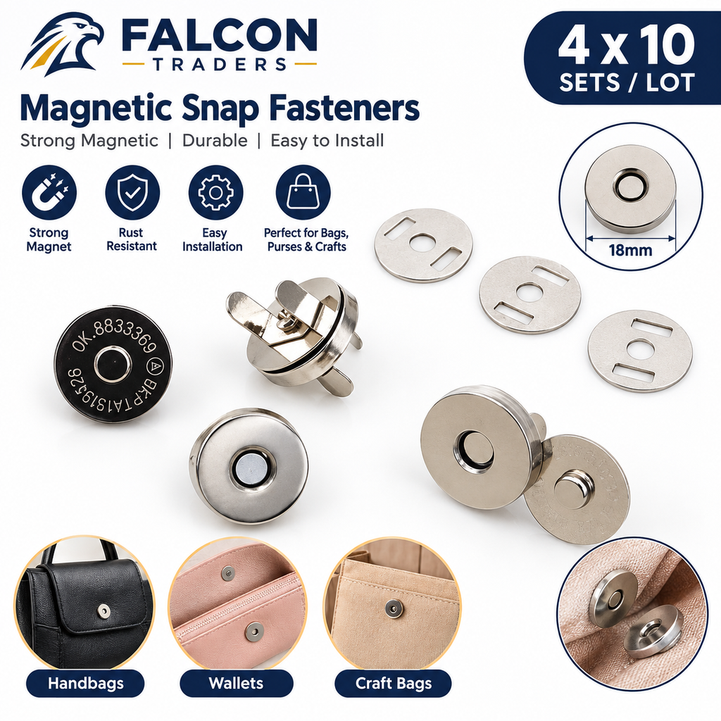 Falcon Traders Magnetic Snap Fasteners set of 10, showing multiple stainless steel and black snap buttons with circular backing plates, feature icons, size details, and circular inset photos of handbags, wallets, and craft bags using the fasteners.