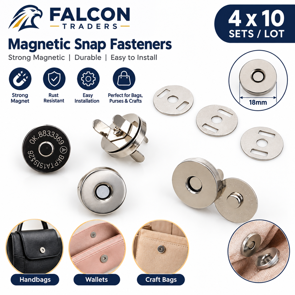 Falcon Traders Magnetic Snap Fasteners set of 10, showing multiple stainless steel and black snap buttons with circular backing plates, feature icons, size details, and circular inset photos of handbags, wallets, and craft bags using the fasteners.