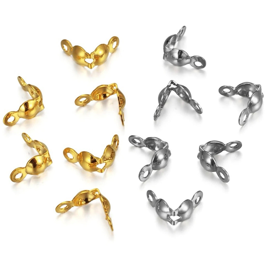 Calotte end crimp connector for ball chain and rope chain jewelry