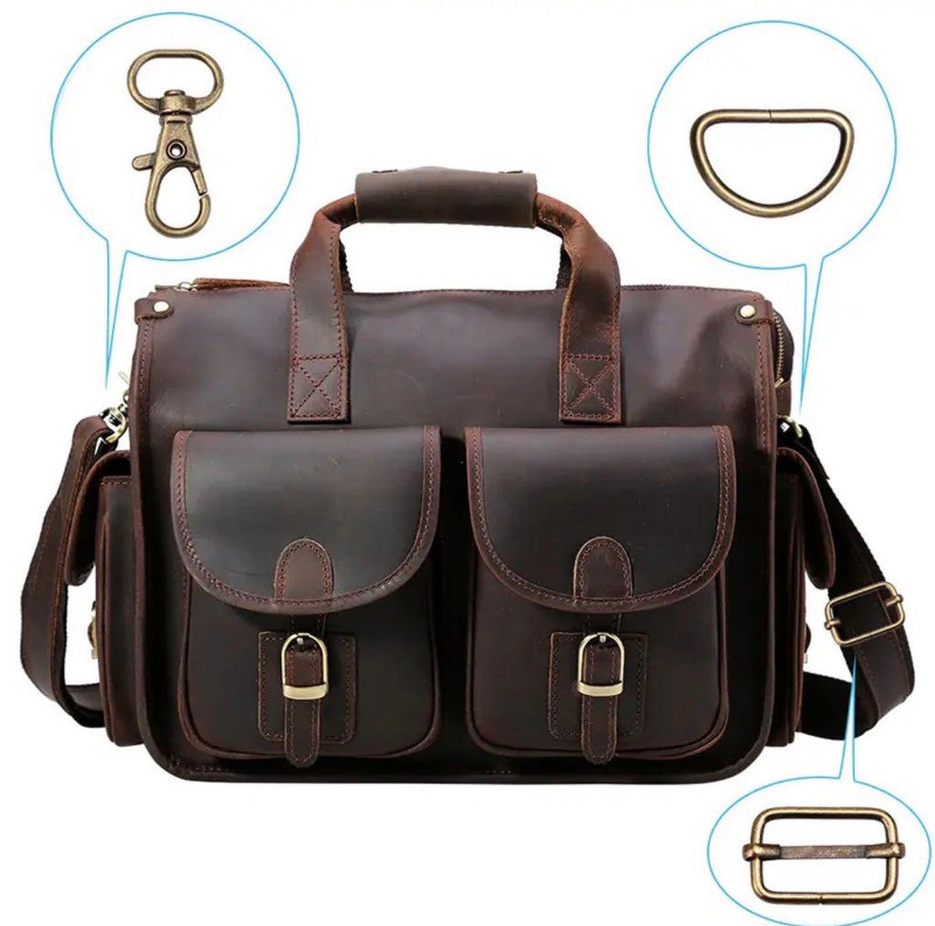 Dark brown leather briefcase with two front flap pockets and brass-tone hardware, shown on a white background with circular callouts highlighting a clasp, D-ring, and buckle detail.