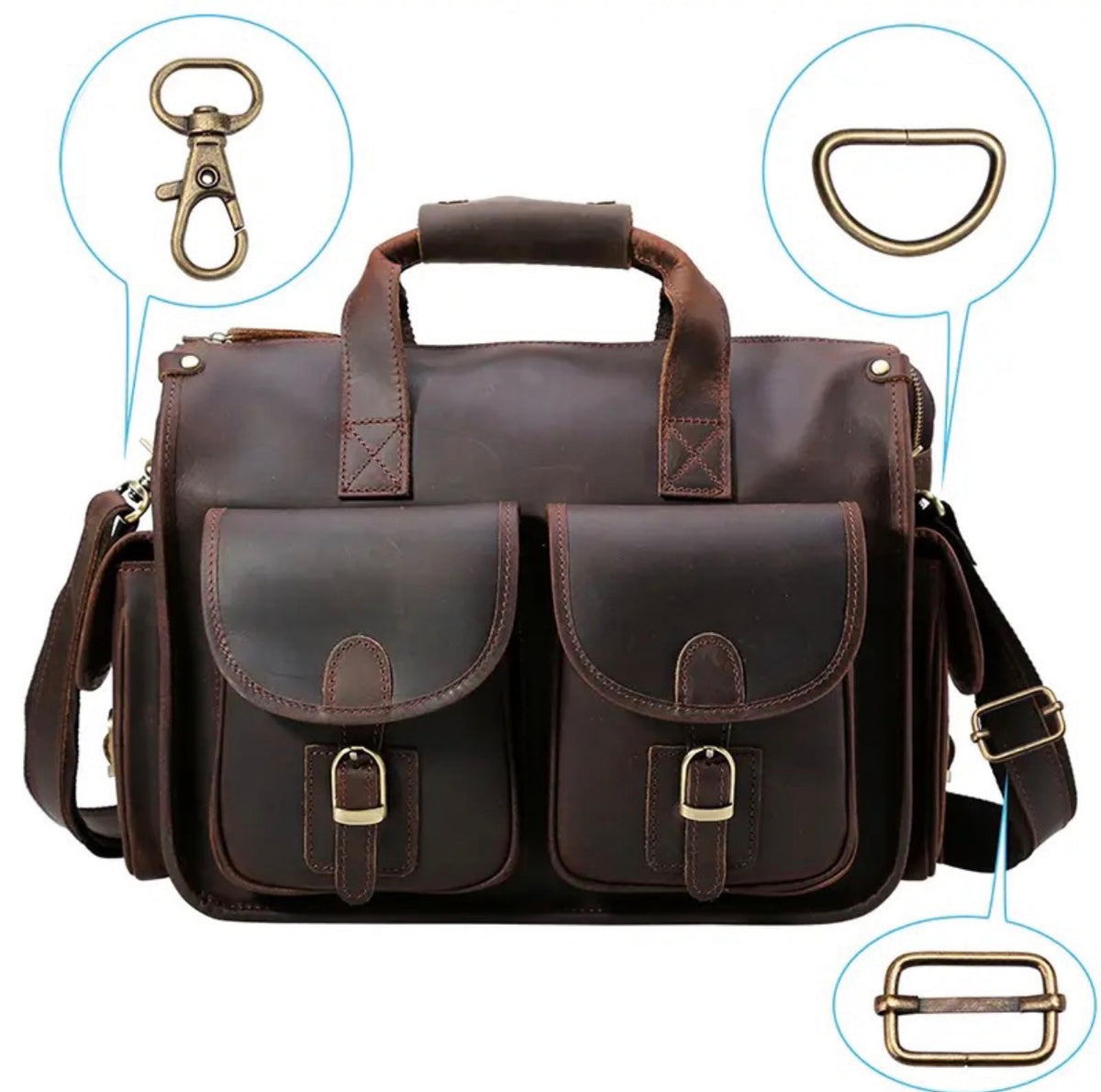 Dark brown leather briefcase with two front flap pockets and brass-tone hardware, shown on a white background with circular callouts highlighting a clasp, D-ring, and buckle detail.