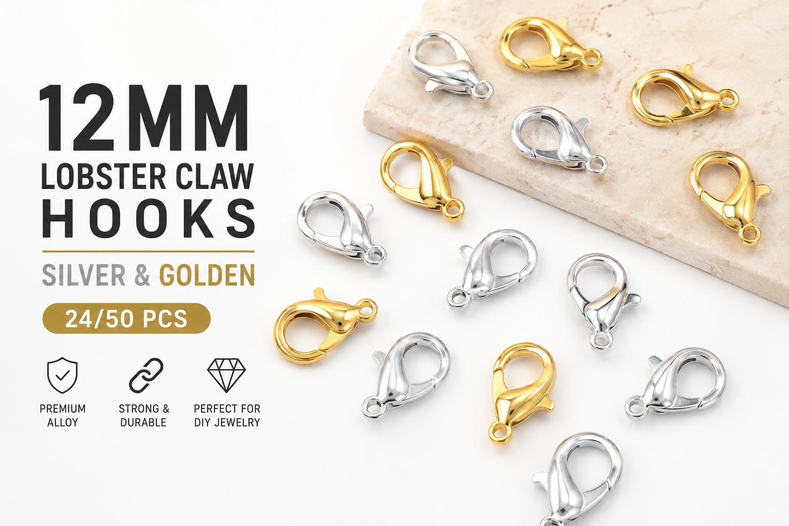 12mm Silver & Golden Lobster Claw Hooks – 24/50 Pcs Alloy Jewelry Clasps for Necklace, Bracelet & DIY Jewelry Making