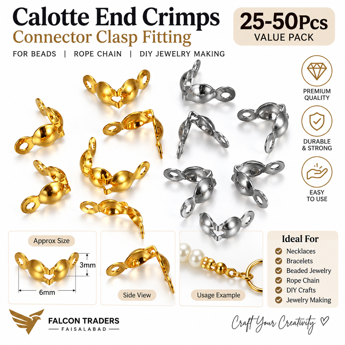 25-50pcs gold and silver calotte end crimps connector clasps for jewelry making