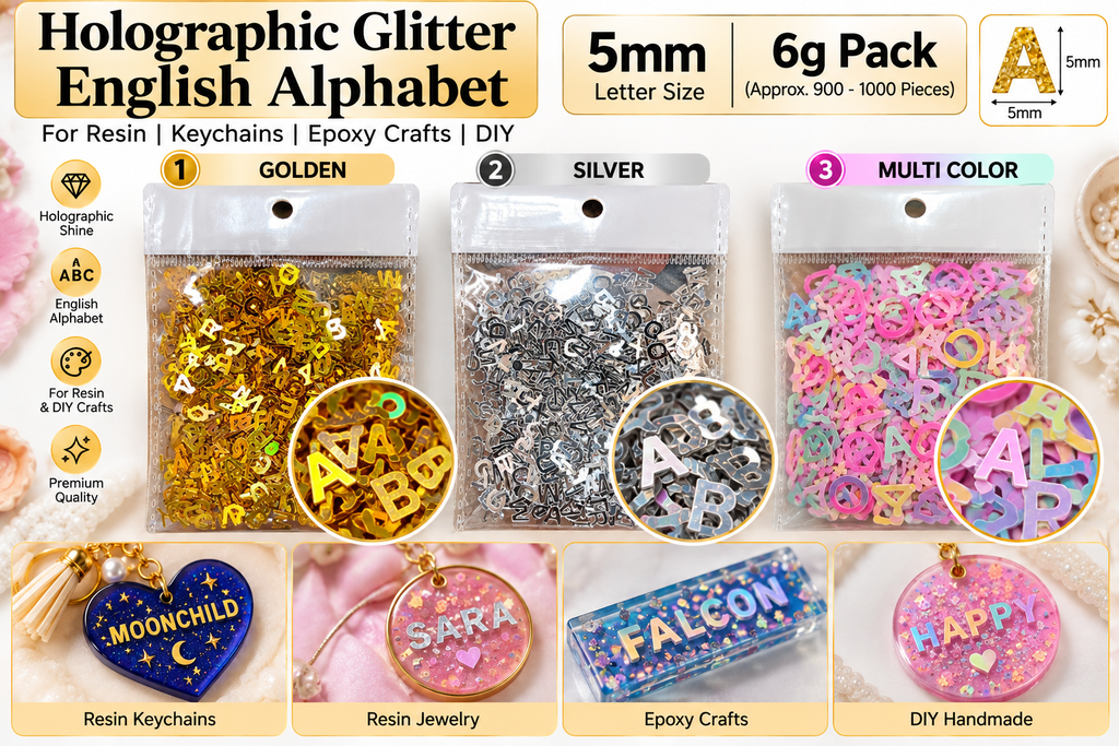 A product collage for holographic glitter English alphabet letter charms, showing three packs of letters in gold, silver, and multi-color options, along with example resin keychains and jewelry made from the letters.