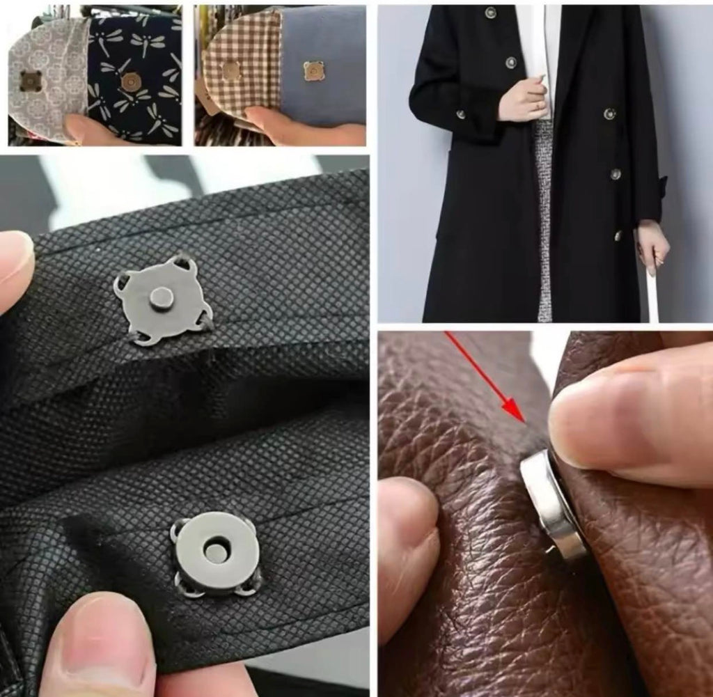 A four-panel collage demonstrating magnetic snap button closures for clothing. The top-left panel shows fabric options with small gold magnetic squares.