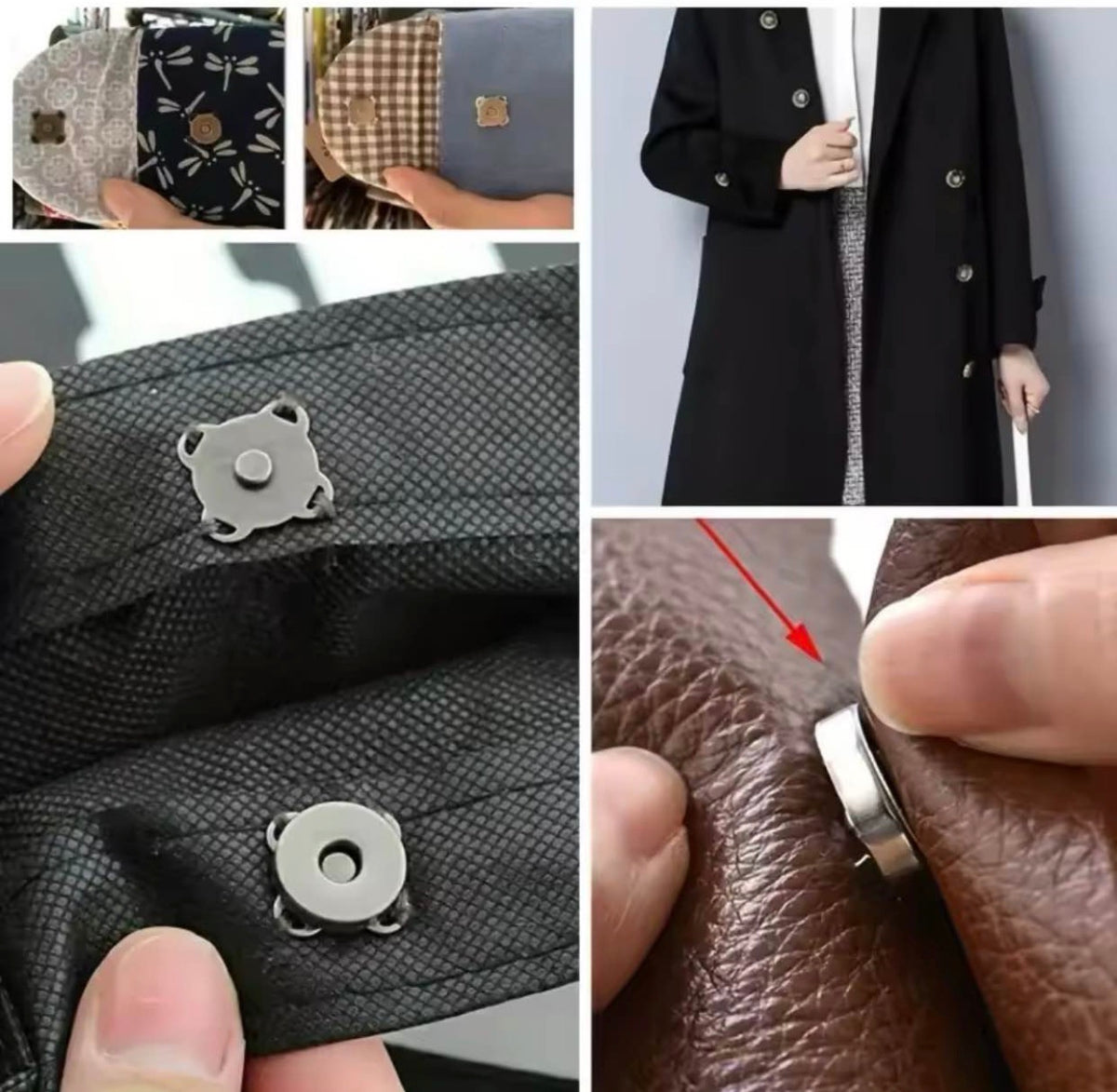A four-panel collage demonstrating magnetic snap button closures for clothing. The top-left panel shows fabric options with small gold magnetic squares.