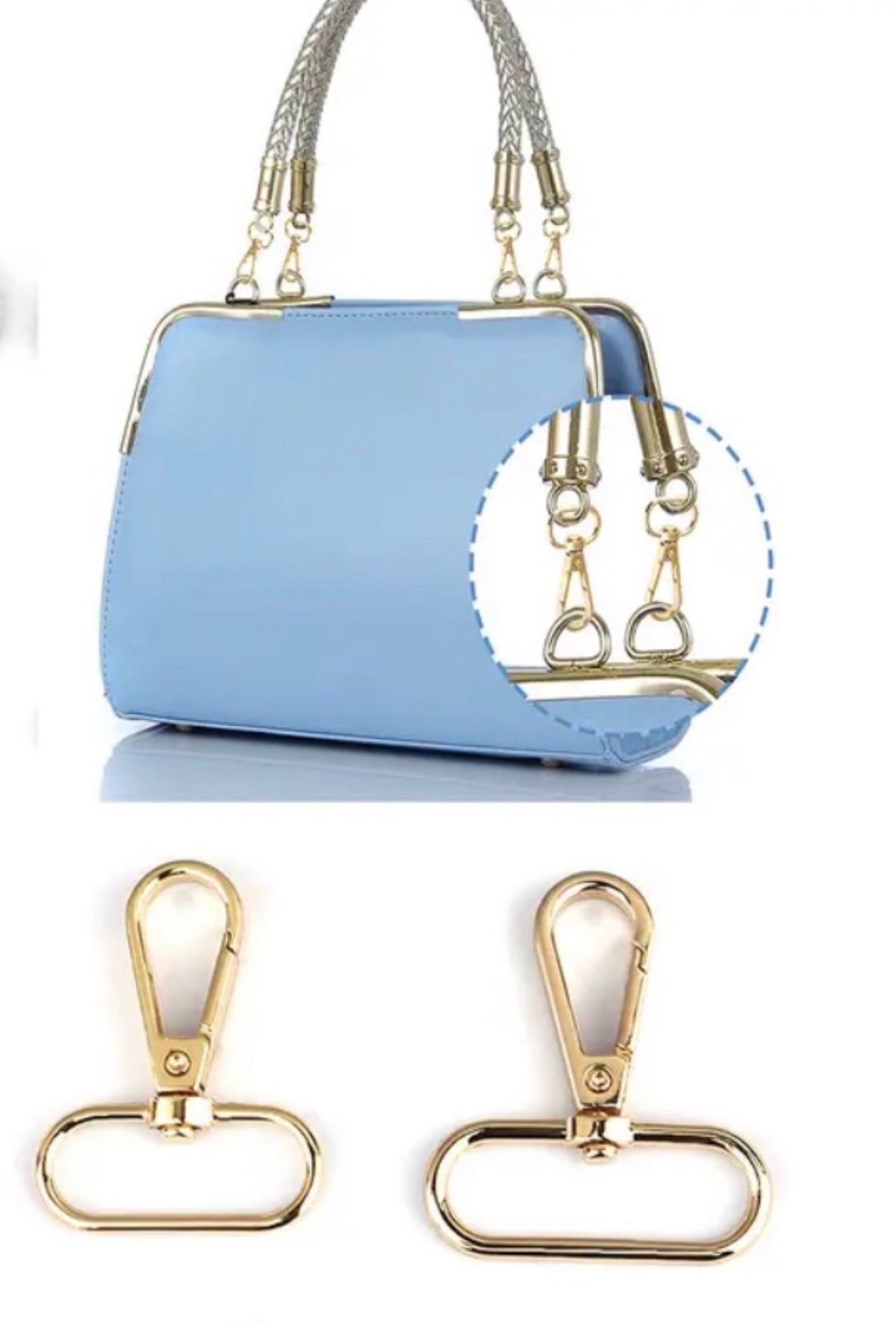 A light blue kiss-lock handbag with gold-tone hardware, shown on a white background with a circular inset highlighting the clasp mechanism and two separate close-up views of the gold clasp below.