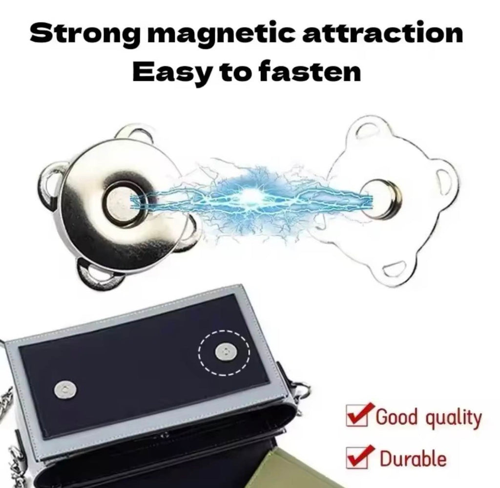 Magnetic closure strap accessory with two silver metal magnetic ends shown with a blue magnetic effect graphic, plus a black pouch demonstrating the closure in use. Text says 'Strong magnetic attraction Easy to fasten' and 'Good quality Durable'.