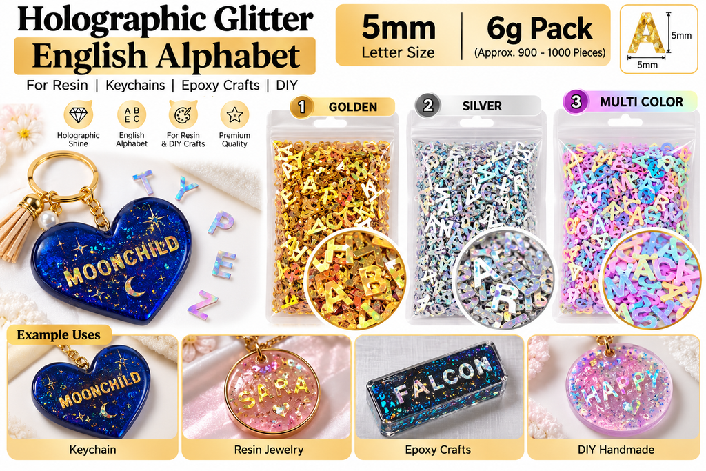 A 5mm 6g pack of holographic glitter English alphabet letter confetti, shown in gold, silver, and multi-color options. The image features before-and-after examples of the letters applied to keychains and resin jewelry.