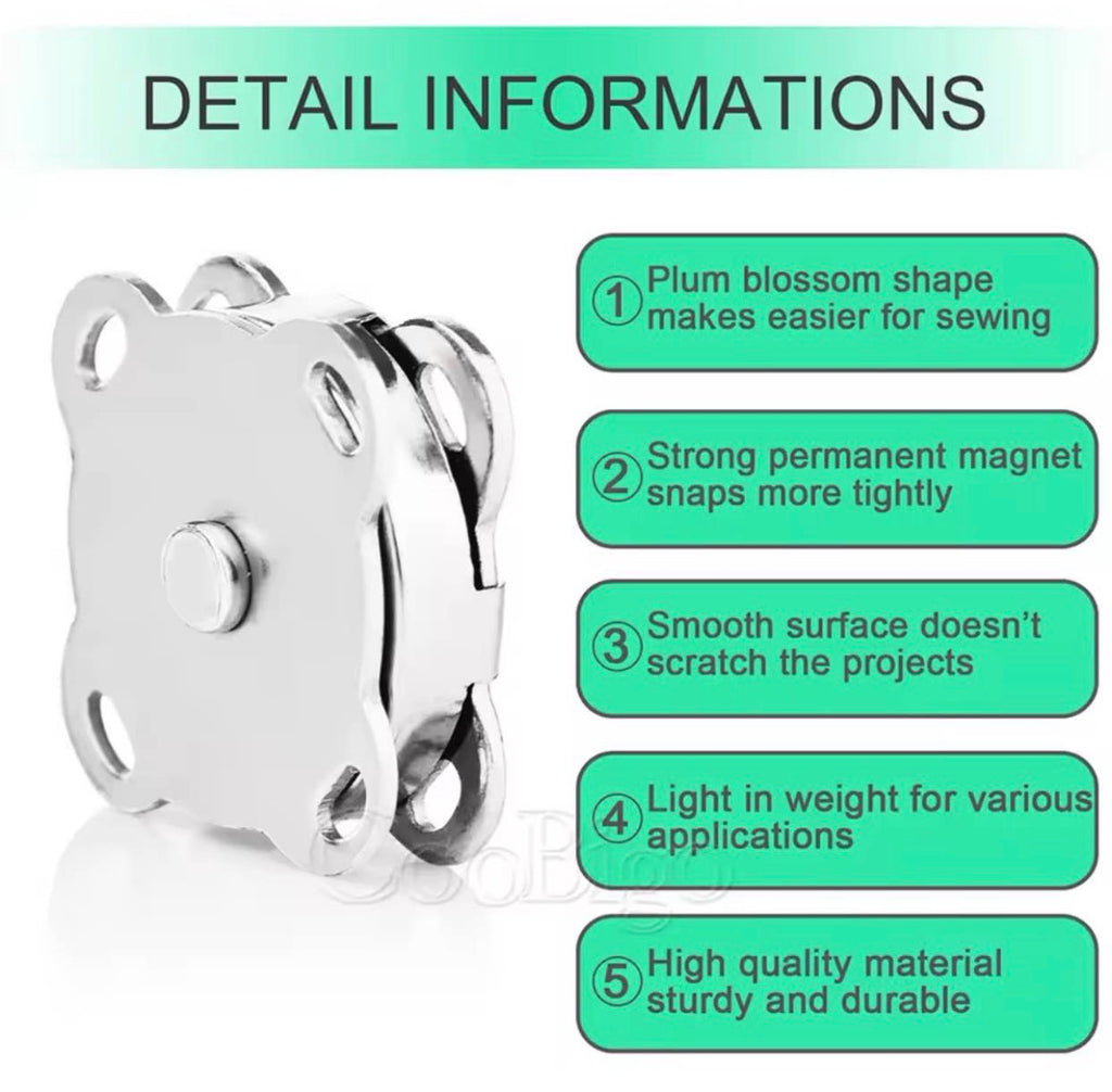 A silver metal sewing magnet with a plum blossom design, shown next to a list of five green detail information callouts on a white background.