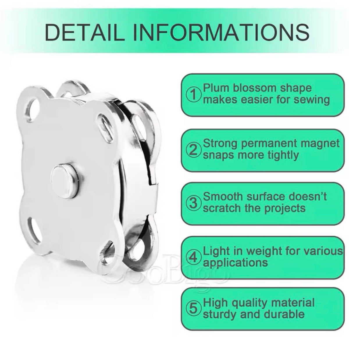 A silver metal sewing magnet with a plum blossom design, shown next to a list of five green detail information callouts on a white background.