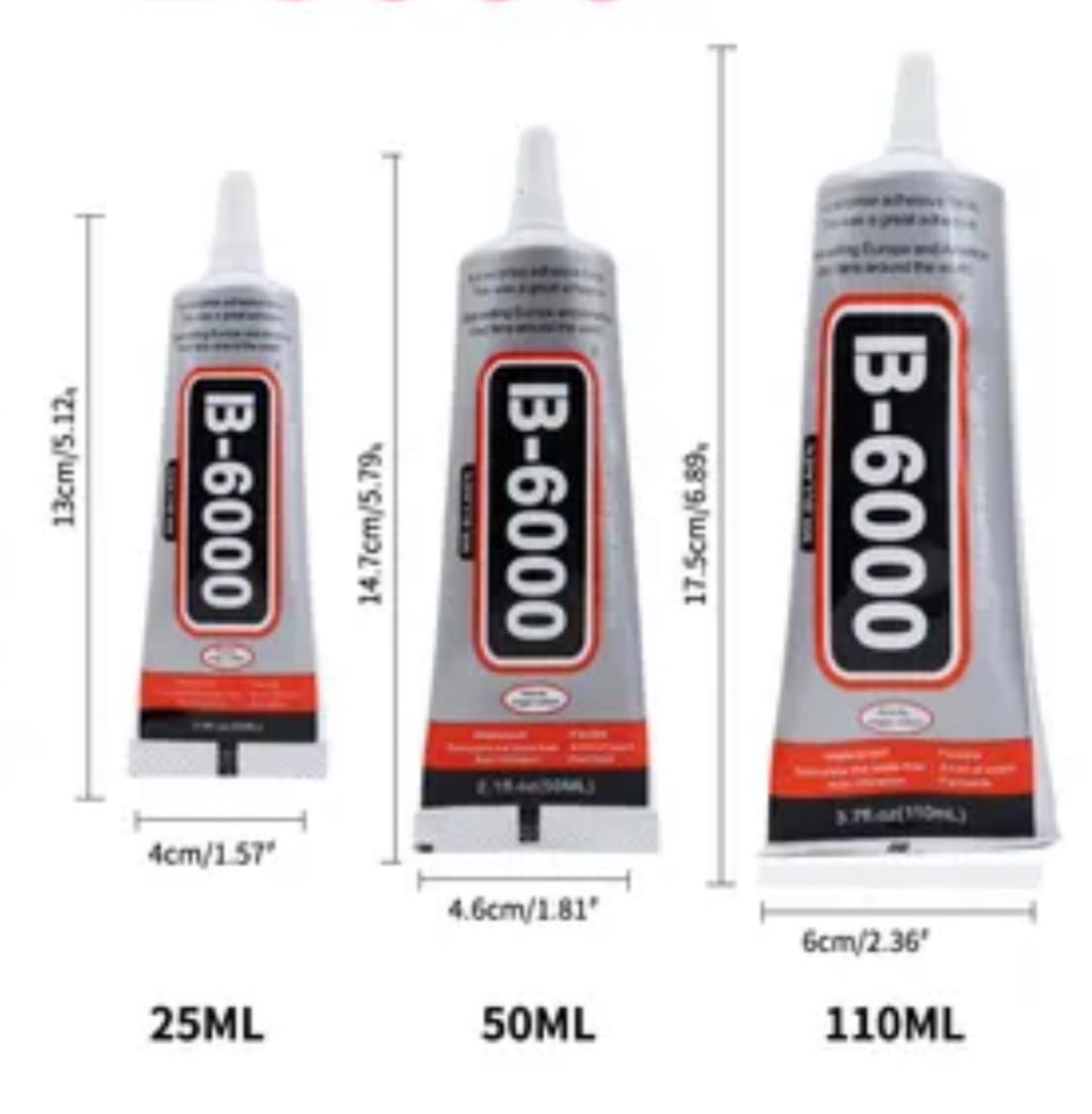 Three tubes of B-6000 adhesive shown in 25ML, 50ML, and 110ML sizes, with height and width dimensions labeled on a white background.