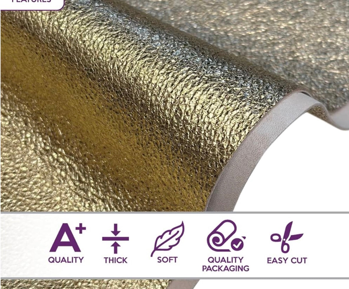 A close-up of a metallic gold textured adhesive vinyl sheet with a white backing, shown with a feature infographic banner at the bottom highlighting quality, thickness, softness, packaging, and ease of cutting.