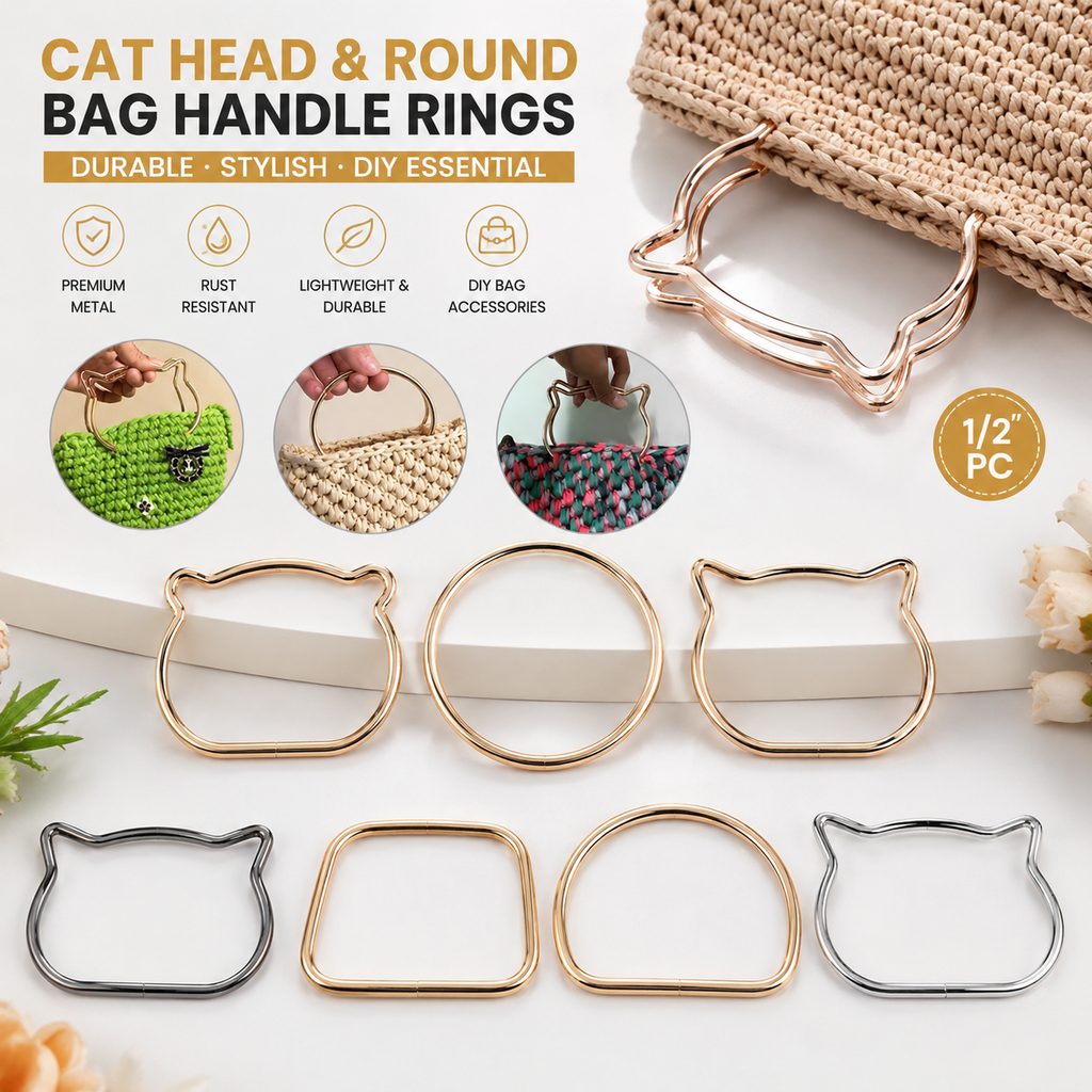 Six metal cat-shaped bag handle rings in gold, rose gold, silver, and bronze finishes are displayed on a white surface with a woven bag handle example and product feature icons. Text reads 'CAT HEAD & ROUND BAG HANDLE RINGS' and '1/2 PC'.