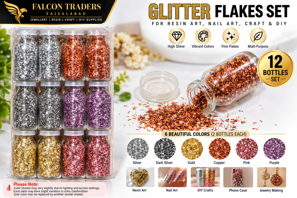 Falcon Traders Glitter Flakes Set in a clear plastic organizer showing 12 bottles of glitter in six colors: silver, dark silver, gold, copper, pink, and purple. The image includes a bottle tipped over with glitter spilling out, a '12 BOTTLES SET' badge, and color swatches at the bottom.