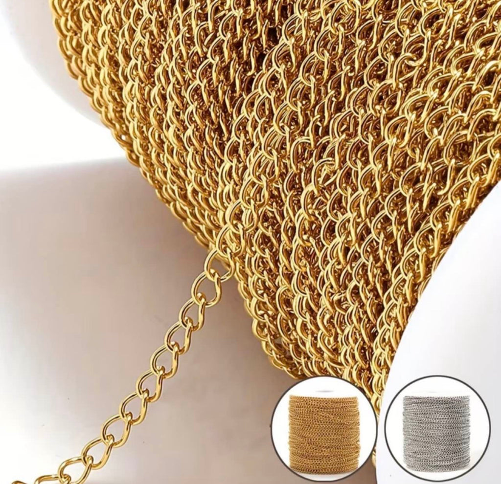 Close-up of a gold-toned chain mesh or netting material draped over a white surface, with two circular inset images at the bottom showing the material in gold and silver tones.