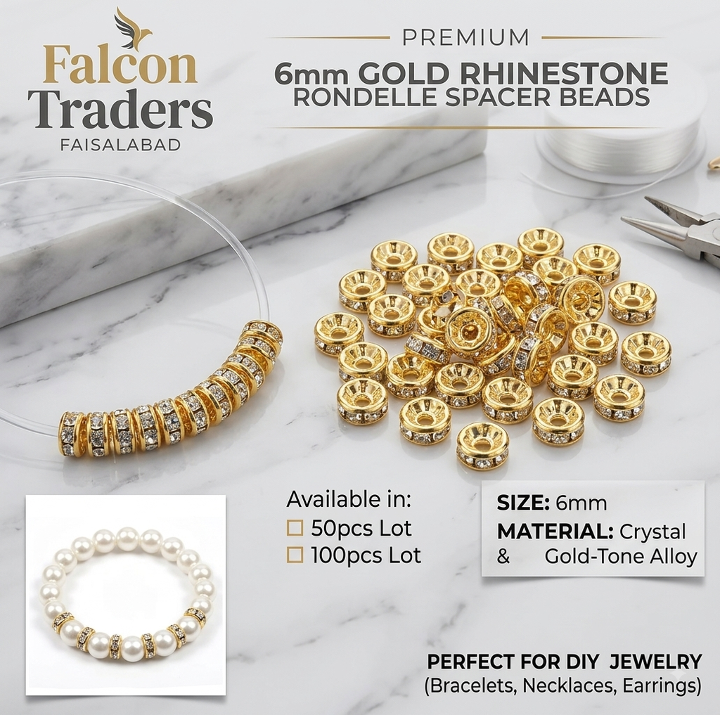 6mm Rhinestone Rondelle Spacer Beads – Gold & Silver Jewelry Making Beads | DIY Bracelet, Necklace & Craft Accessories