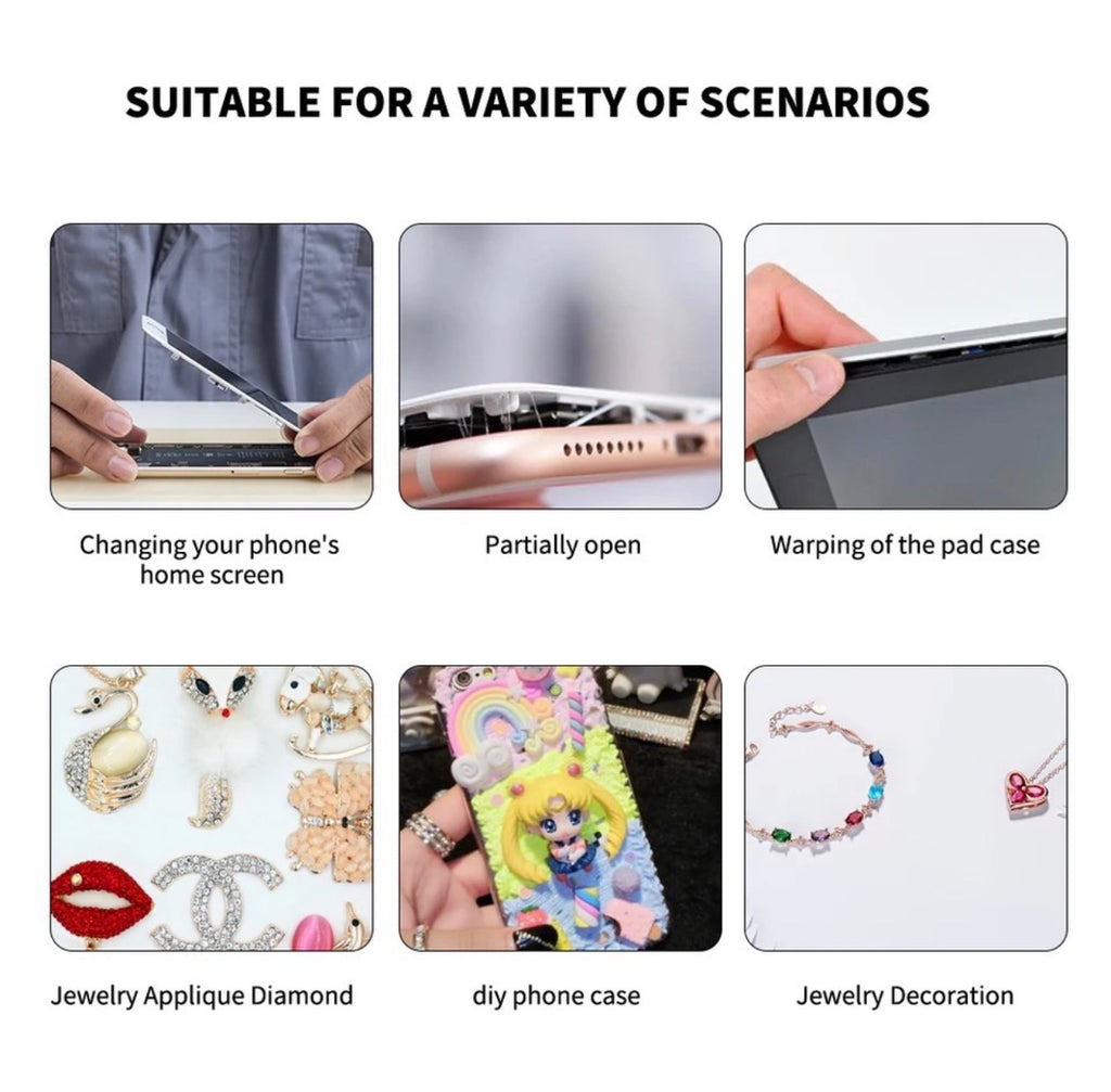 A promotional infographic with the heading 'SUITABLE FOR A VARIETY OF SCENARIOS' and six inset photos showing phone case modifications and jewelry/decor use cases: changing a phone's home screen, partially opening a case, warping the pad case, jewelry applique/diamonds, DIY phone case, and jewelry decoration.