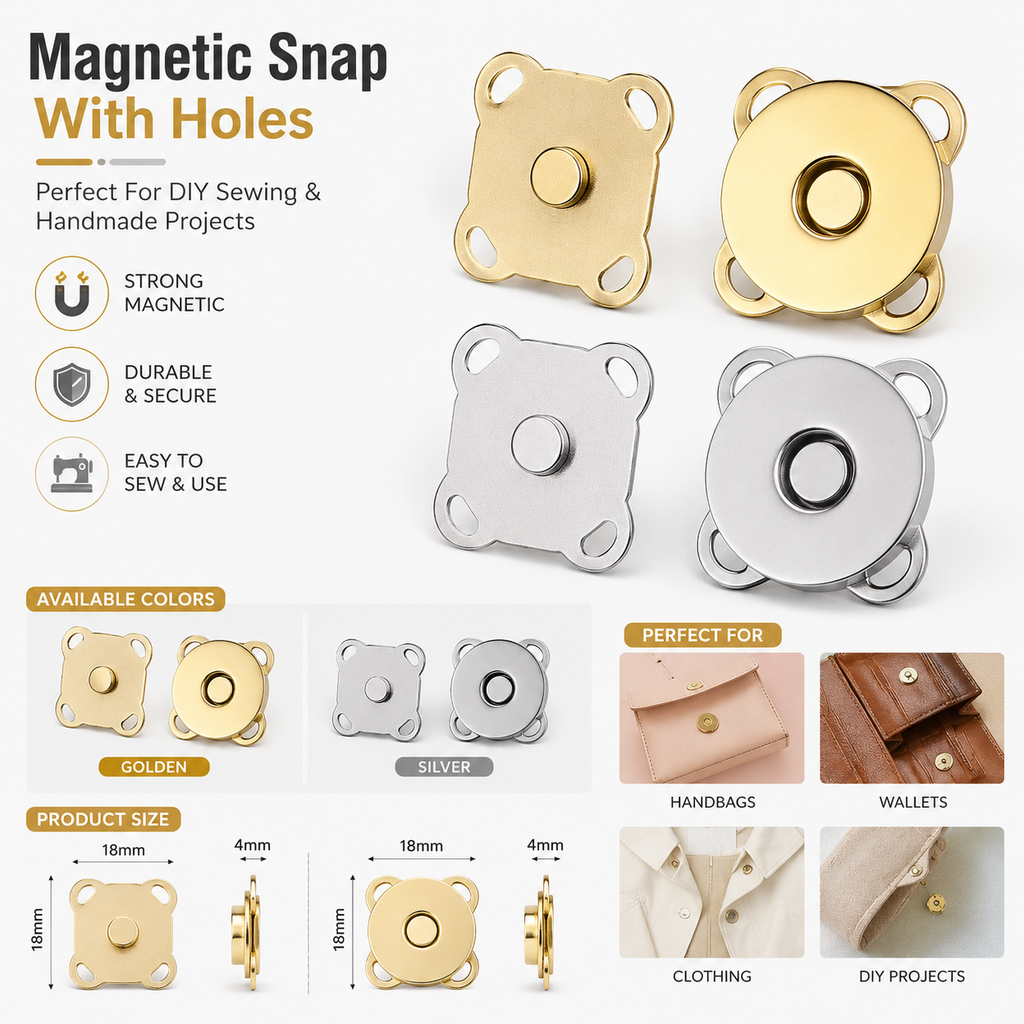 Magnetic snap button with holes shown in gold and silver finishes, with text highlighting features like strong magnetism, durability, and ease of use. The image includes size measurements, suggested use cases such as handbags and wallets, and a small product scale diagram.