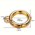 Gold metal carabiner-style ring clasp with dimension annotations showing width, height, and loop measurements on a white background.