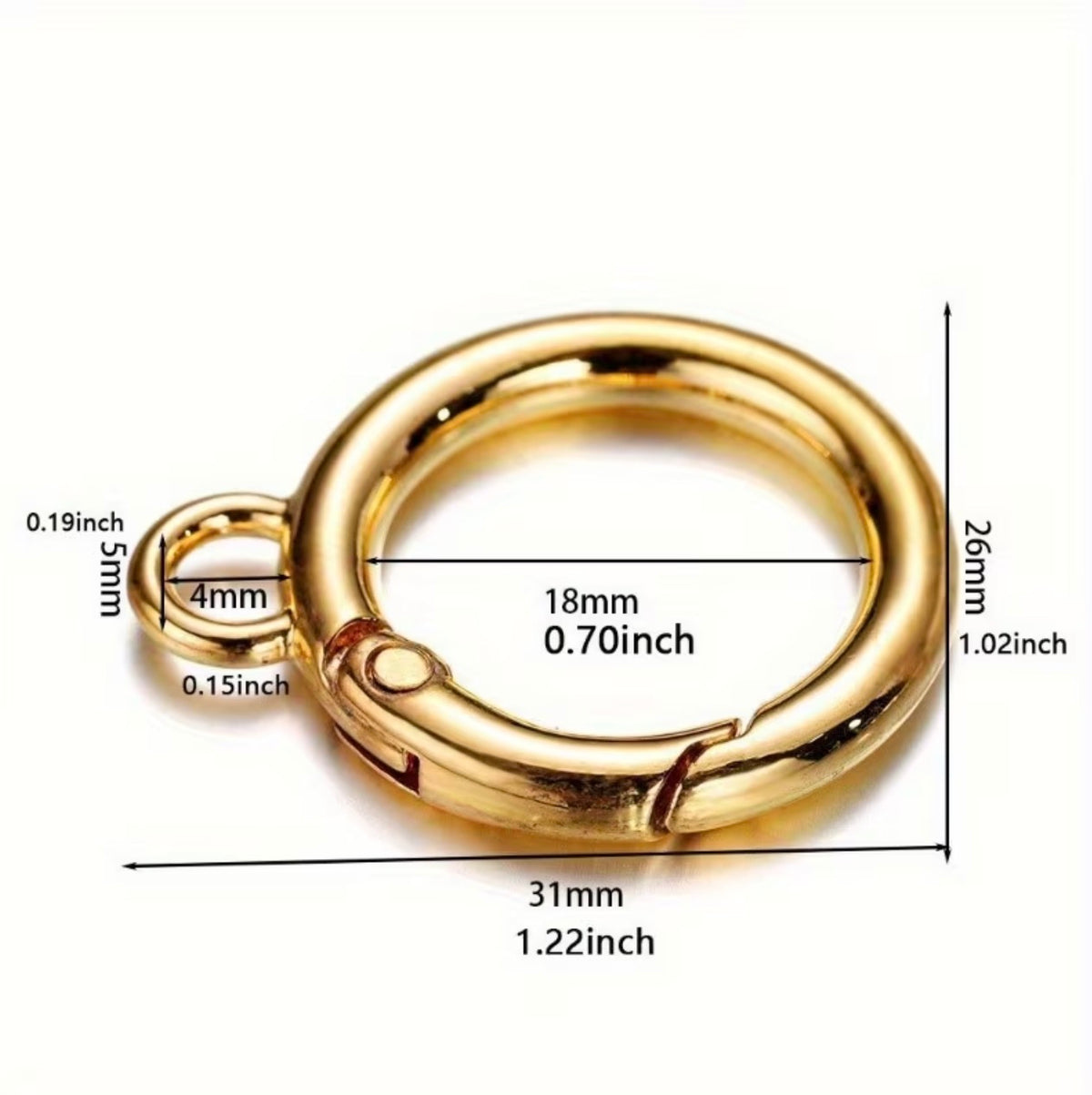 Gold metal carabiner-style ring clasp with dimension annotations showing width, height, and loop measurements on a white background.