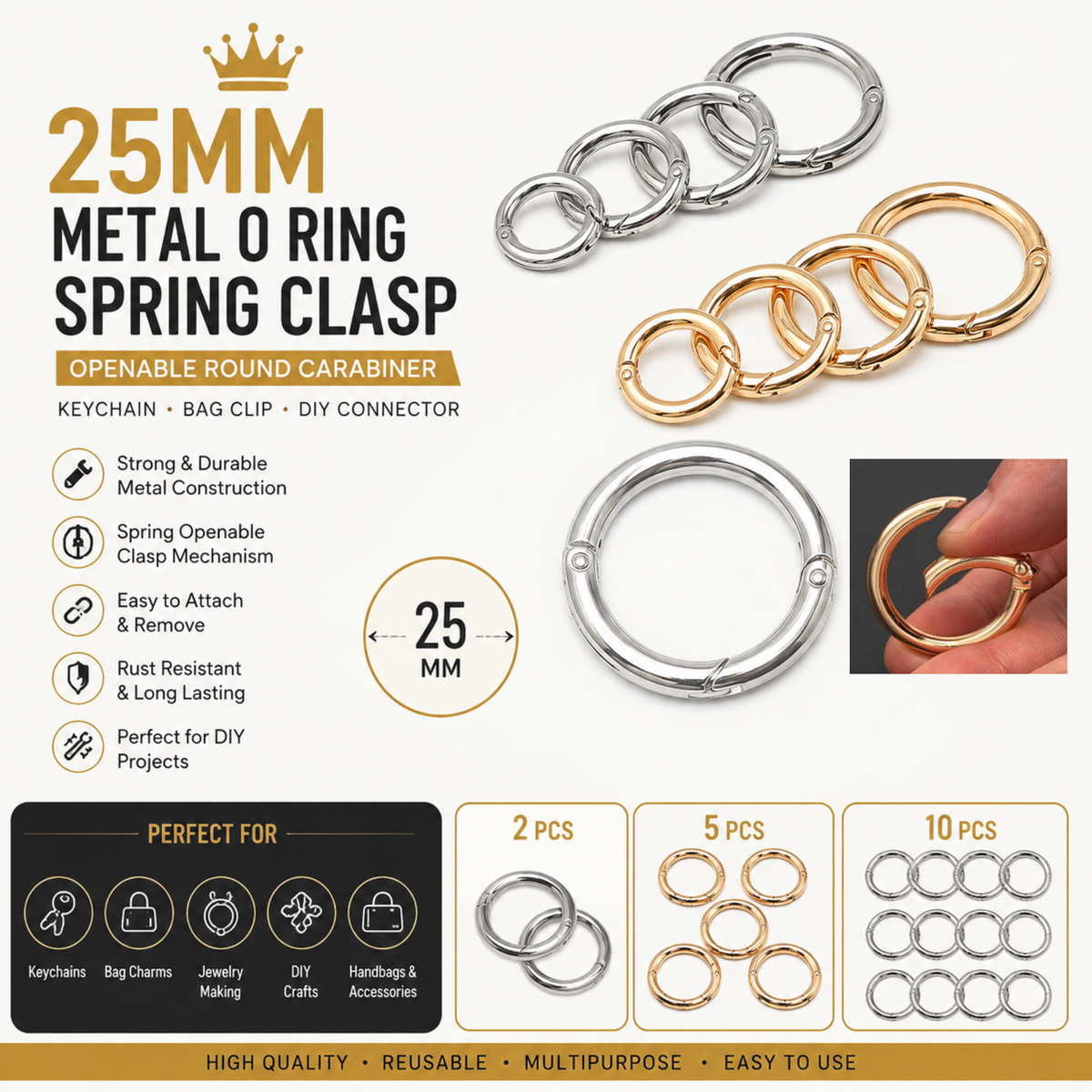 Promotional graphic for 25mm metal O ring spring clasp keychains. The image shows several silver and gold-toned O rings, a small inset of a hand holding a gold ring, feature icons, quantity charts (2, 5, 10 pieces), and a black panel listing uses such as keychains, bag clips, jewelry making, and DIY projects.