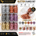 A 12-bottle set of glitter flakes from Falcon Traders in six colors (silver, dark silver, gold, copper, pink, purple), shown in a clear plastic tray on a white background with promotional text and application examples.