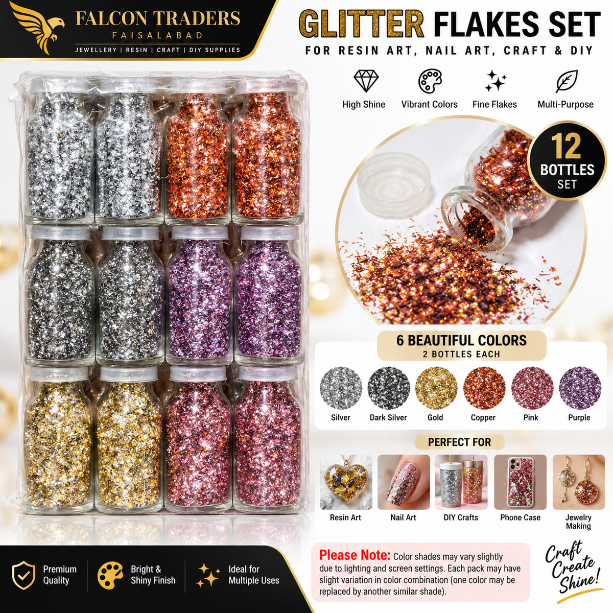 A 12-bottle set of glitter flakes from Falcon Traders in six colors (silver, dark silver, gold, copper, pink, purple), shown in a clear plastic tray on a white background with promotional text and application examples.