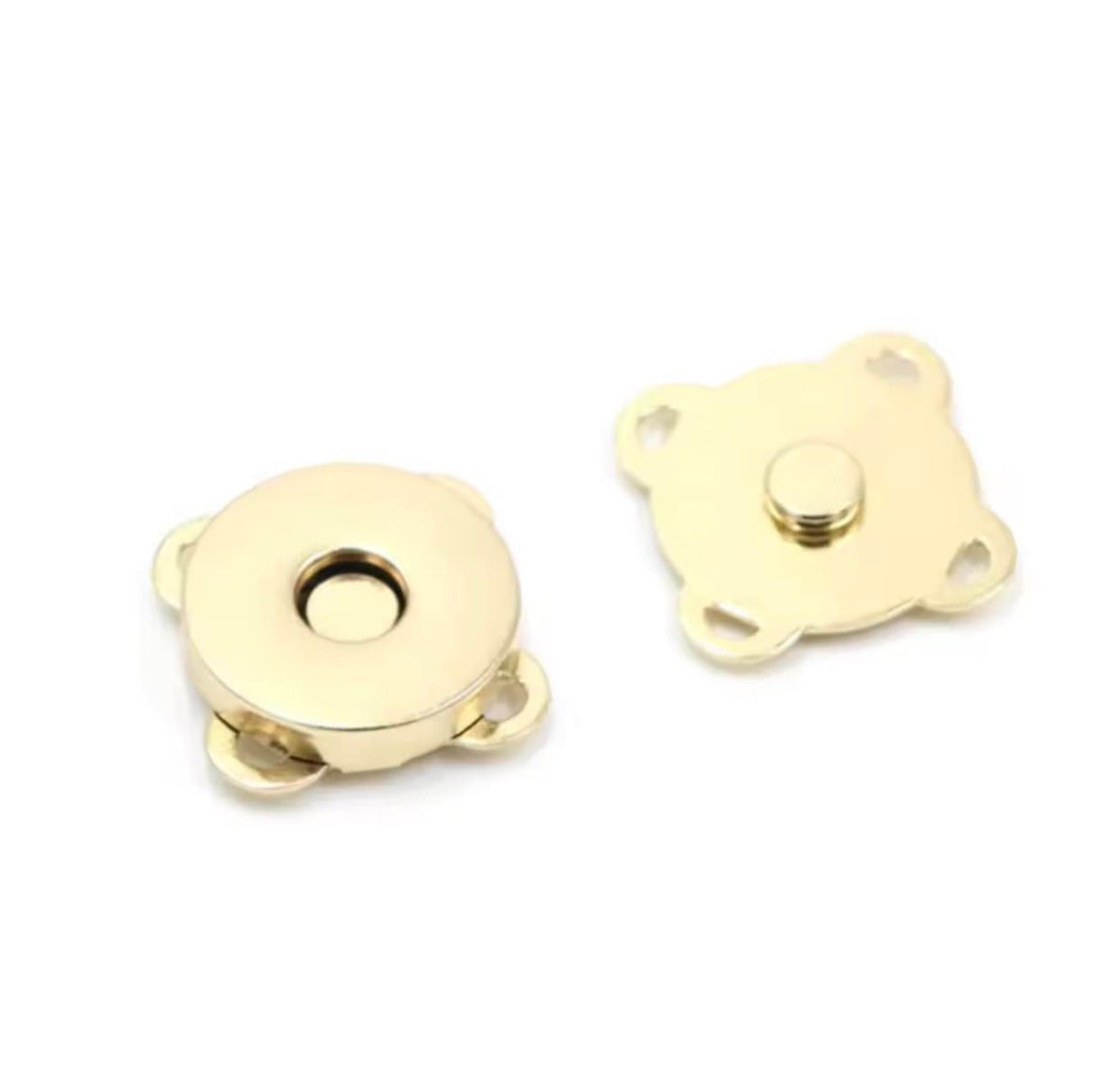 Two gold-toned metal snap button components on a plain white background, one circular and one square with looped sides.