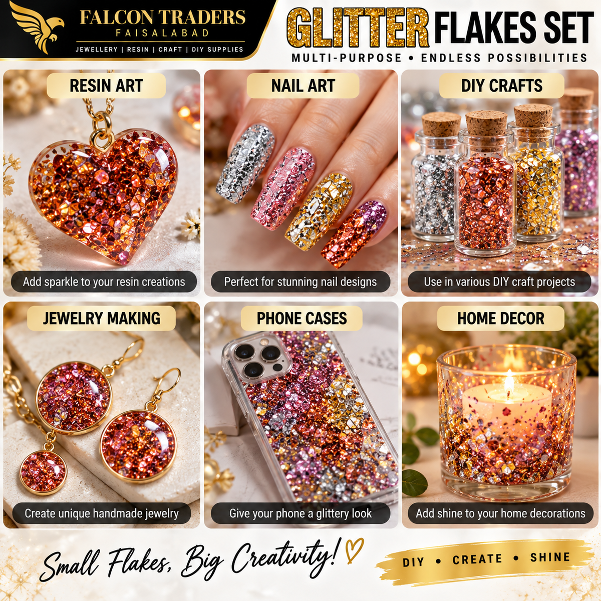 A promotional collage for a glitter flakes set by Falcon Traders Faisalabad, showing six example uses: resin art, nail art, DIY crafts, jewelry making, phone cases, and home decor. The layout includes product branding, text callouts, and close-up photos of glitter-filled resin pieces and bottles on a light beige background.