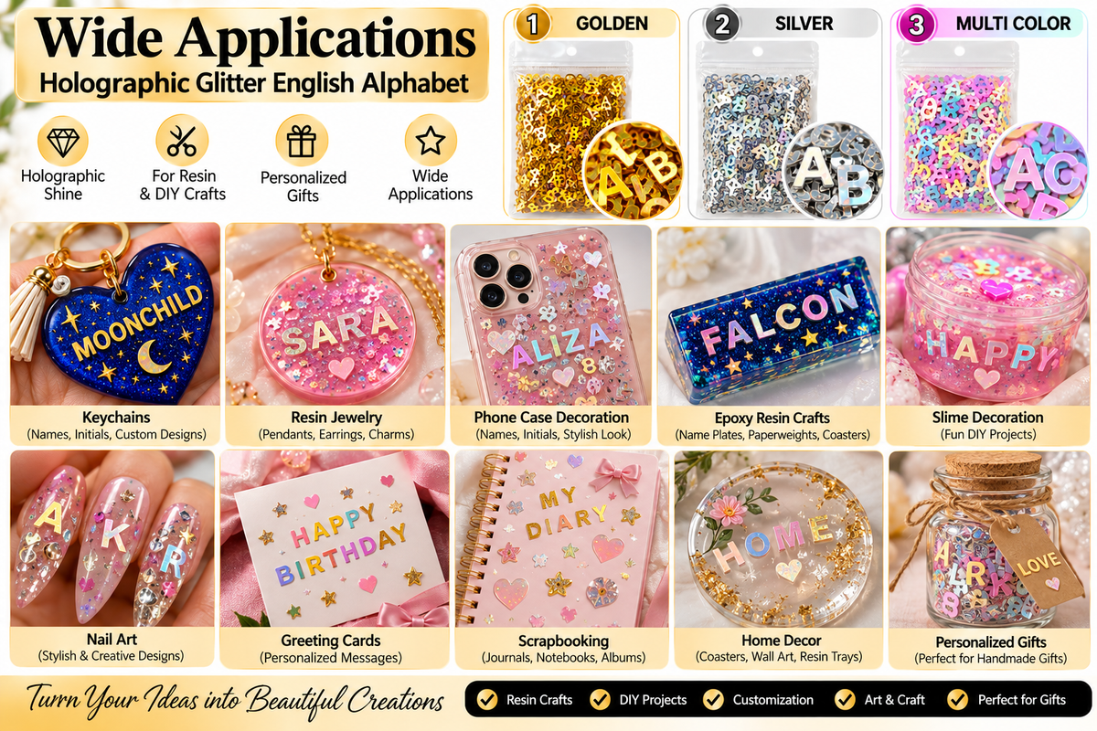 A promotional collage showing many examples of holographic glitter alphabet lettering and resin crafts, with text labels such as Golden, Silver, and Multi Color. The image includes keychains, phone cases, jewelry, greeting cards, scrapbooking paper, nail art, and resin crafts arranged in a grid on a white background.