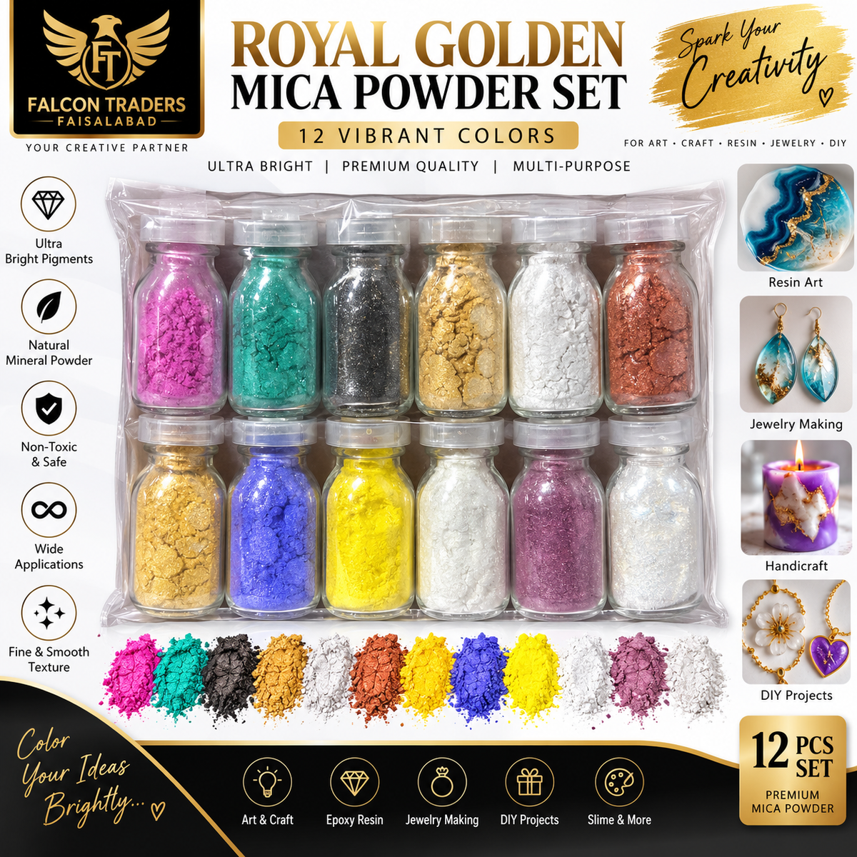 Falcon Traders Mica Powder Set in a clear glass clamshell package, containing 12 vibrant colored mica powders in glass jars. The set includes various colors like pink, green, black, white, orange, yellow, blue, purple, and red.