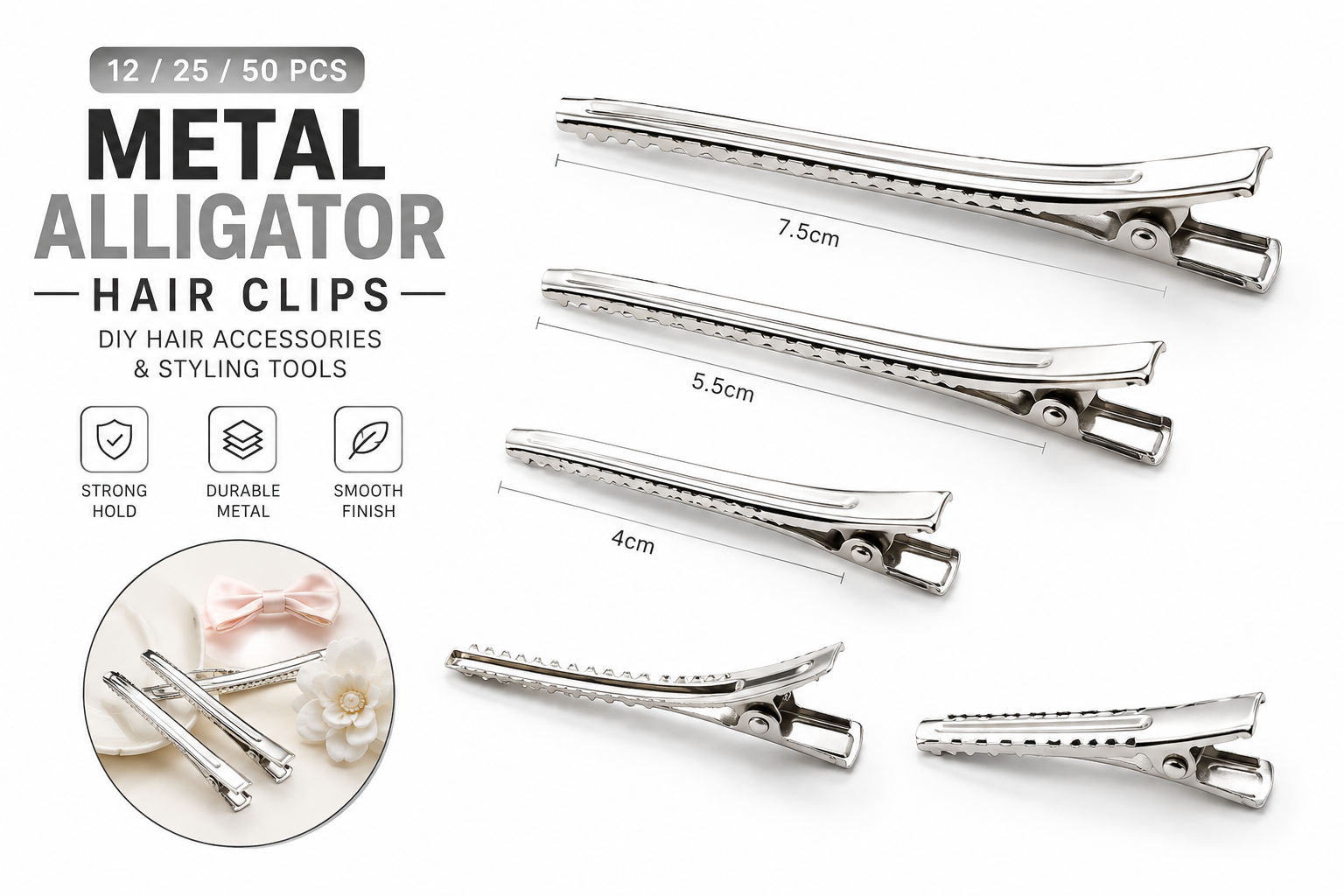 Metal Alligator Hair Clips – 4cm, 5.5cm & 7.5cm | Silver Hair Clips for DIY Hair Accessories & Styling
