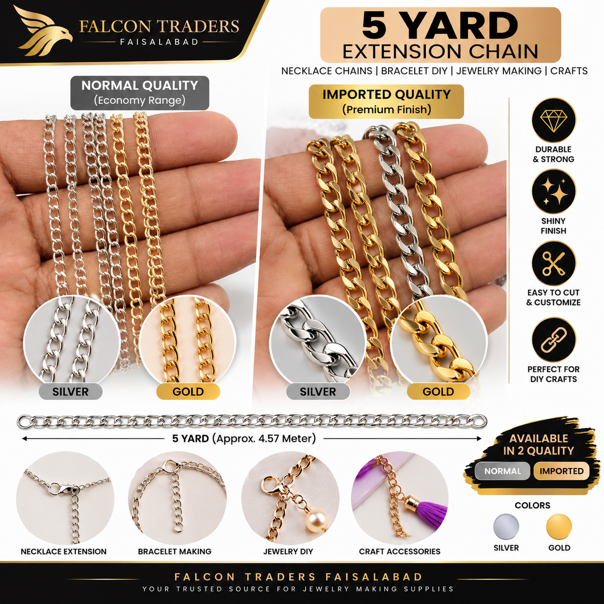 A promotional infographic for a 5 yard extension chain necklace from Falcon Traders Faisalabad, showing two quality options: 'Normal Quality' in silver and gold, and 'Imported Quality' in silver and gold. The chains are displayed draped over hands to show scale, with close-up circular insets of the chain links.