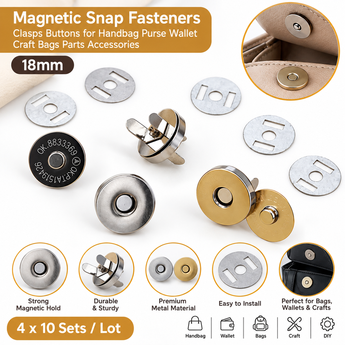 Magnetic snap fasteners for handbags, wallets, and craft bags, shown in multiple finishes including silver, gold, and black. The image displays 18mm snap buttons, flat metal plates, and installation examples, with text highlighting features like strong magnetic hold, durability, and premium metal material.
