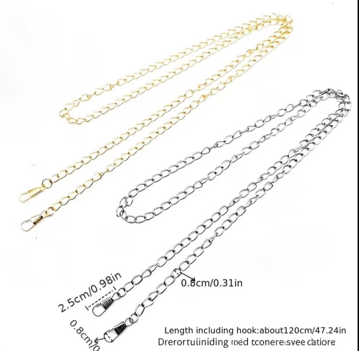 Two metal chain straps, one gold-toned and one silver-toned, laid out on a white background with printed length measurements and a hook length note.