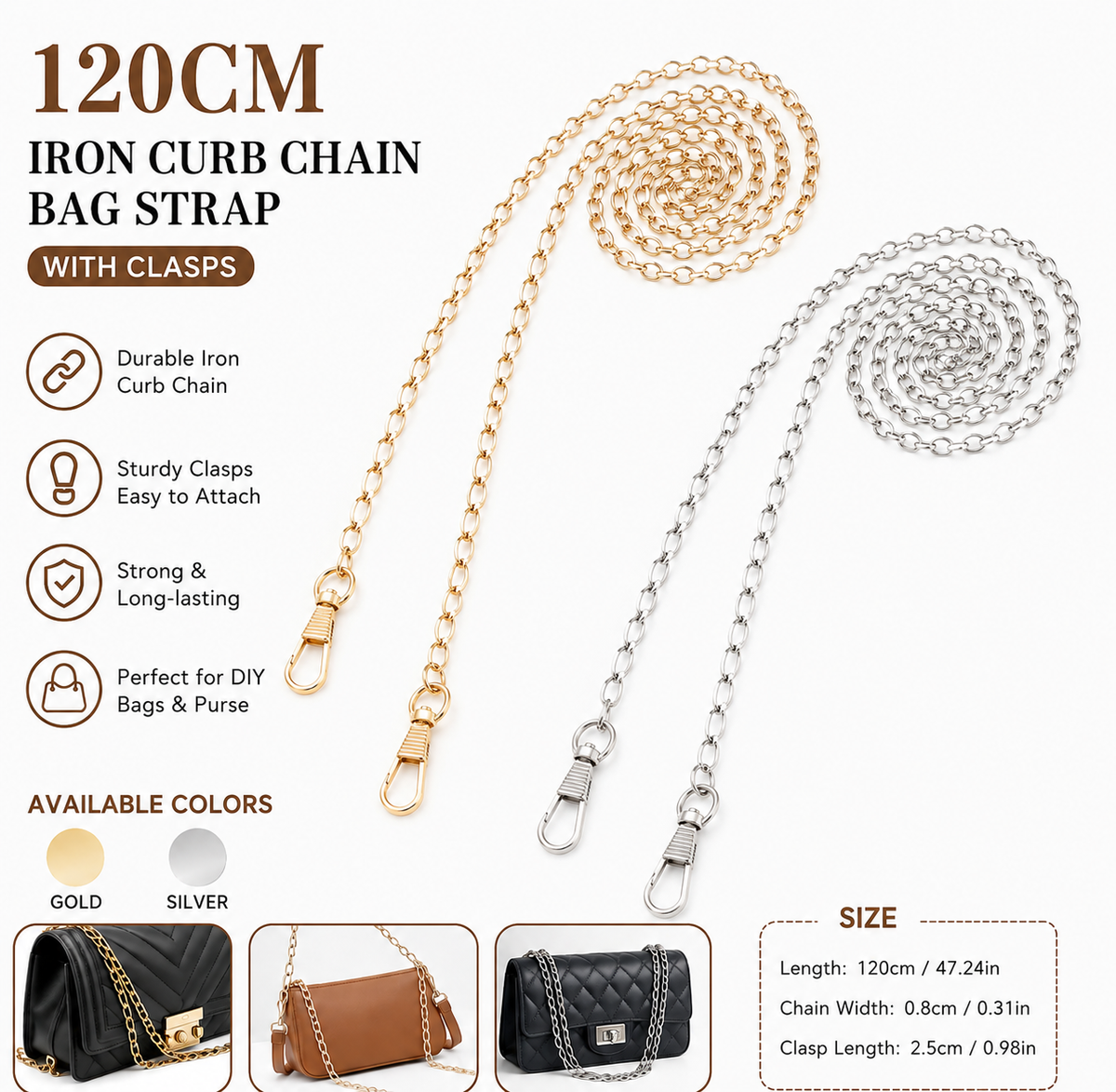 Iron curb chain bag strap shown in gold and silver finishes, displayed on a white background with product features, available colors, and size information. Small inset photos at the bottom show the chain attached to a black quilted handbag.