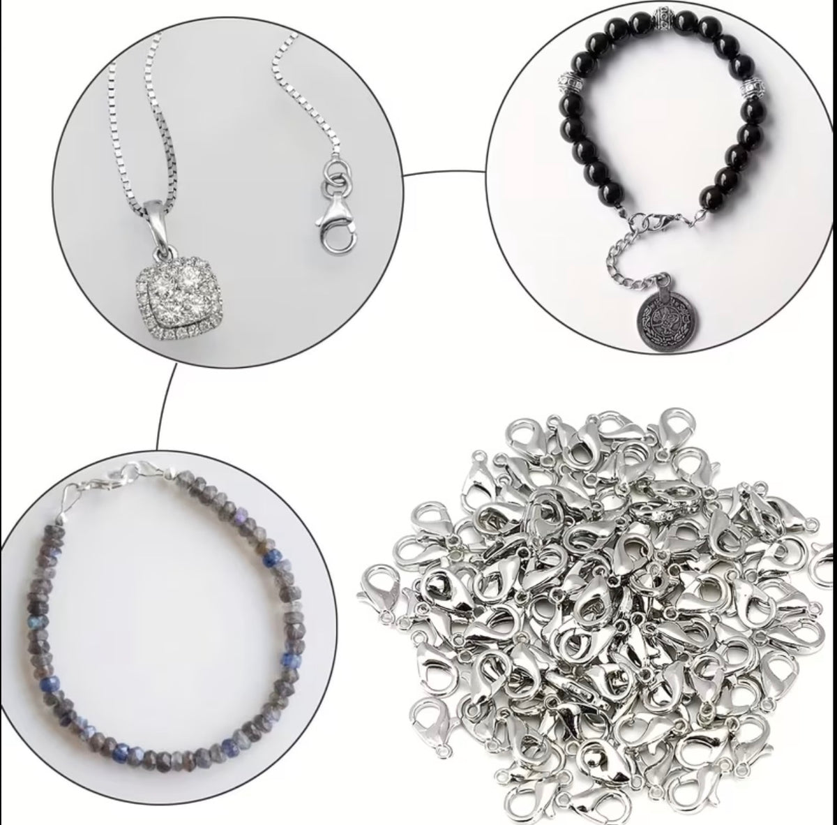 A collage showing jewelry components and finished examples: two circular insets display a silver pendant necklace and a beaded bracelet with a silver charm, while the lower-right area shows a pile of silver lobster clasp connectors on a white background.