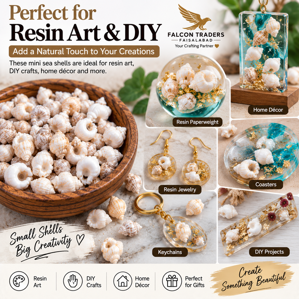 Promotional collage for Falcon Traders Resin Art & DIY featuring small seashells used in various craft projects. The image includes a large bowl of mini seashells, resin paperweight, resin jewelry, coasters, keychains, and a DIY projects block in a glass block, with text overlays and icons for resin art, DIY crafts, home decor, and perfect for gifts.