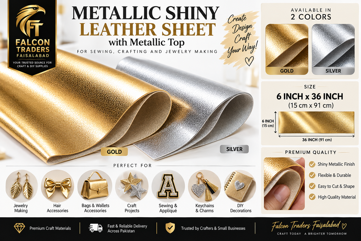 A promotional graphic for Falcon Traders Faisalabad metallic shiny leather sheet, showing rolls of gold and silver textured leather with dimensions, color options, and usage examples for jewelry making, hair accessories, and crafts.