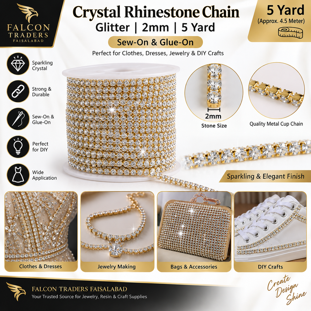 A promotional product graphic for a spool of crystal rhinestone chain. The main subject is a large spool of gold-tone chain studded with clear rhinestones, shown on a white background with marketing text, size callouts, and usage examples.
