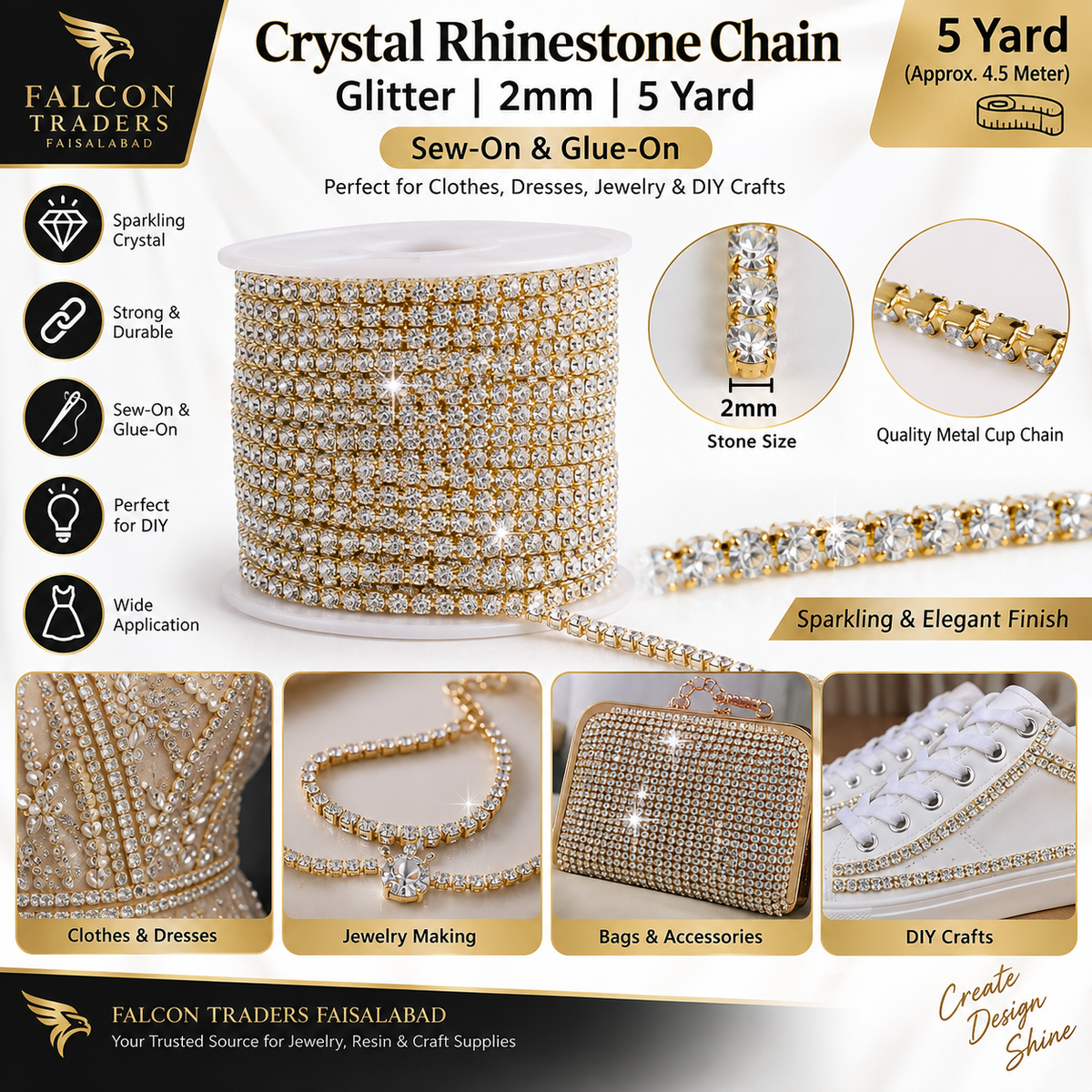 A promotional product graphic for a spool of crystal rhinestone chain. The main subject is a large spool of gold-tone chain studded with clear rhinestones, shown on a white background with marketing text, size callouts, and usage examples.