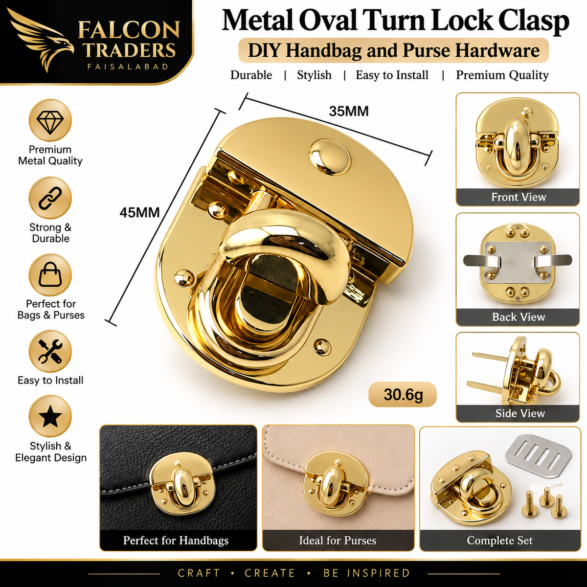 Gold metal oval turn lock clasp hardware shown on a white infographic background with front, back, side, and installed views, dimensions labeled 35mm and 45mm, plus text references to handbags and purses.