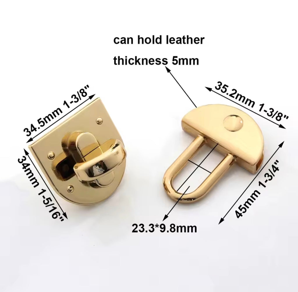 Gold-toned metal latch hardware shown on a white background with overlaid dimension labels and text noting it can hold 5mm leather. This is not a clean standalone product shot because the primary purpose of the image is to communicate measurements, so subject_type is Measurement Chart.