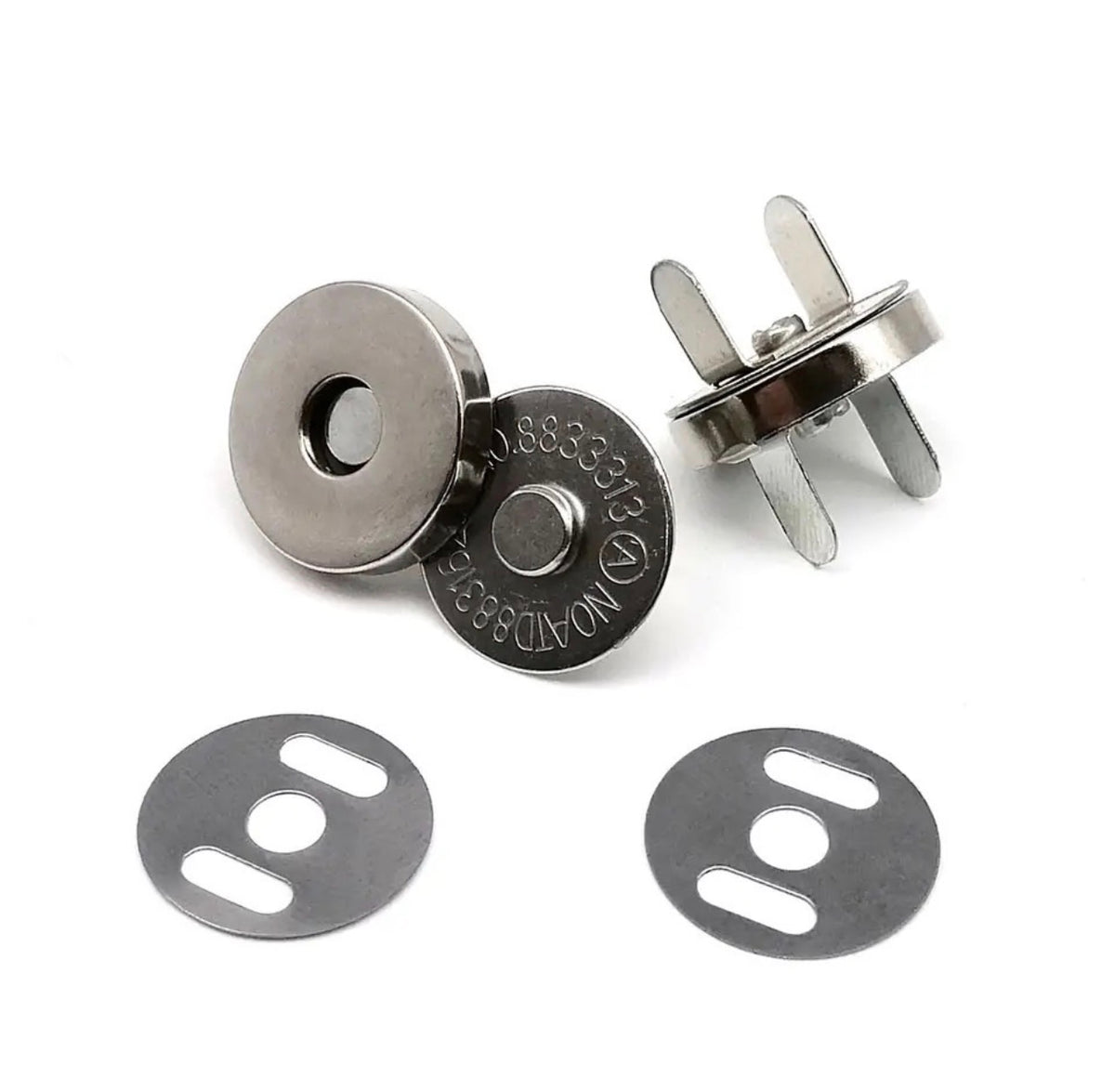 Three stainless steel magnetic snap buttons shown on a white background, including two closed buttons with visible magnets and two flat metal backing plates.