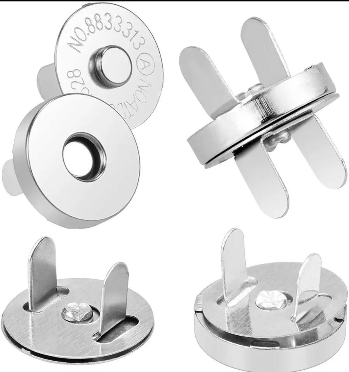 Four views of a silver metal snap button fastener on a plain white background.